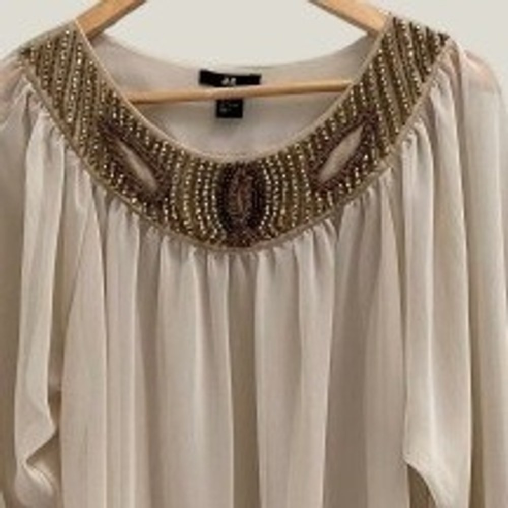 H&M Chiffon Beaded Tunic Top Cream Sheer Embellished Size 8